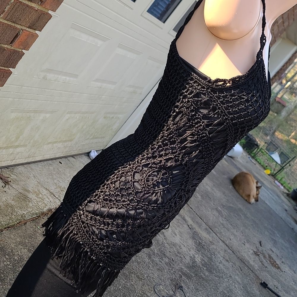 Say what? Black crochet tassel tank